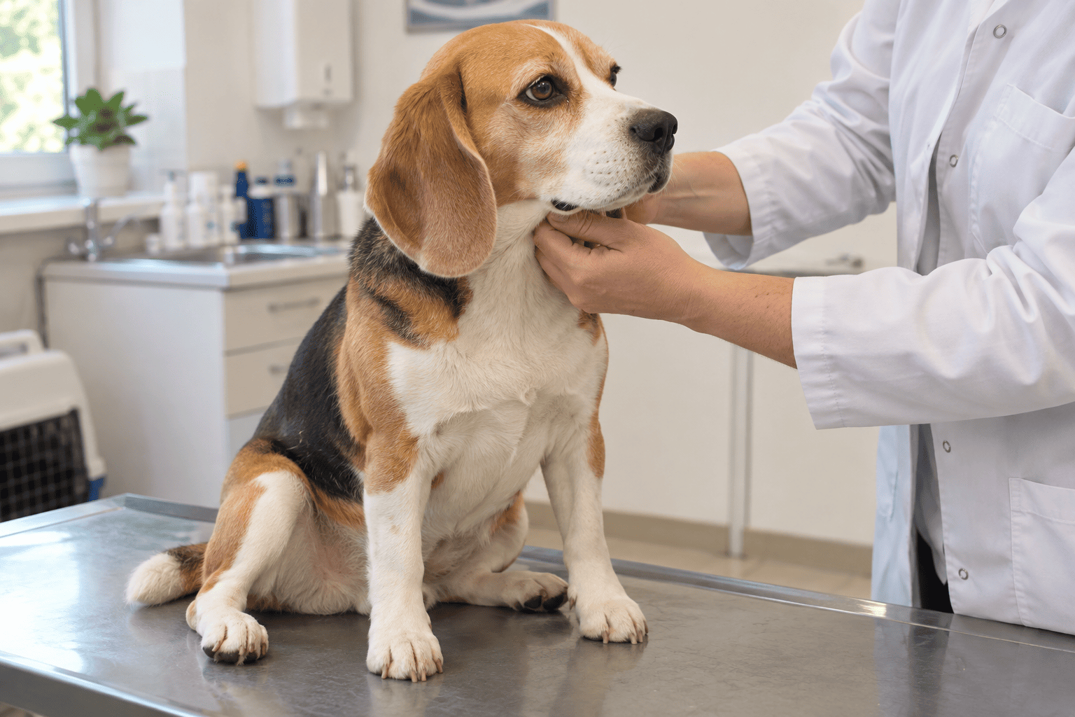 Veterinár pokojne vyšetruje hlavu a krk dospelého bígla